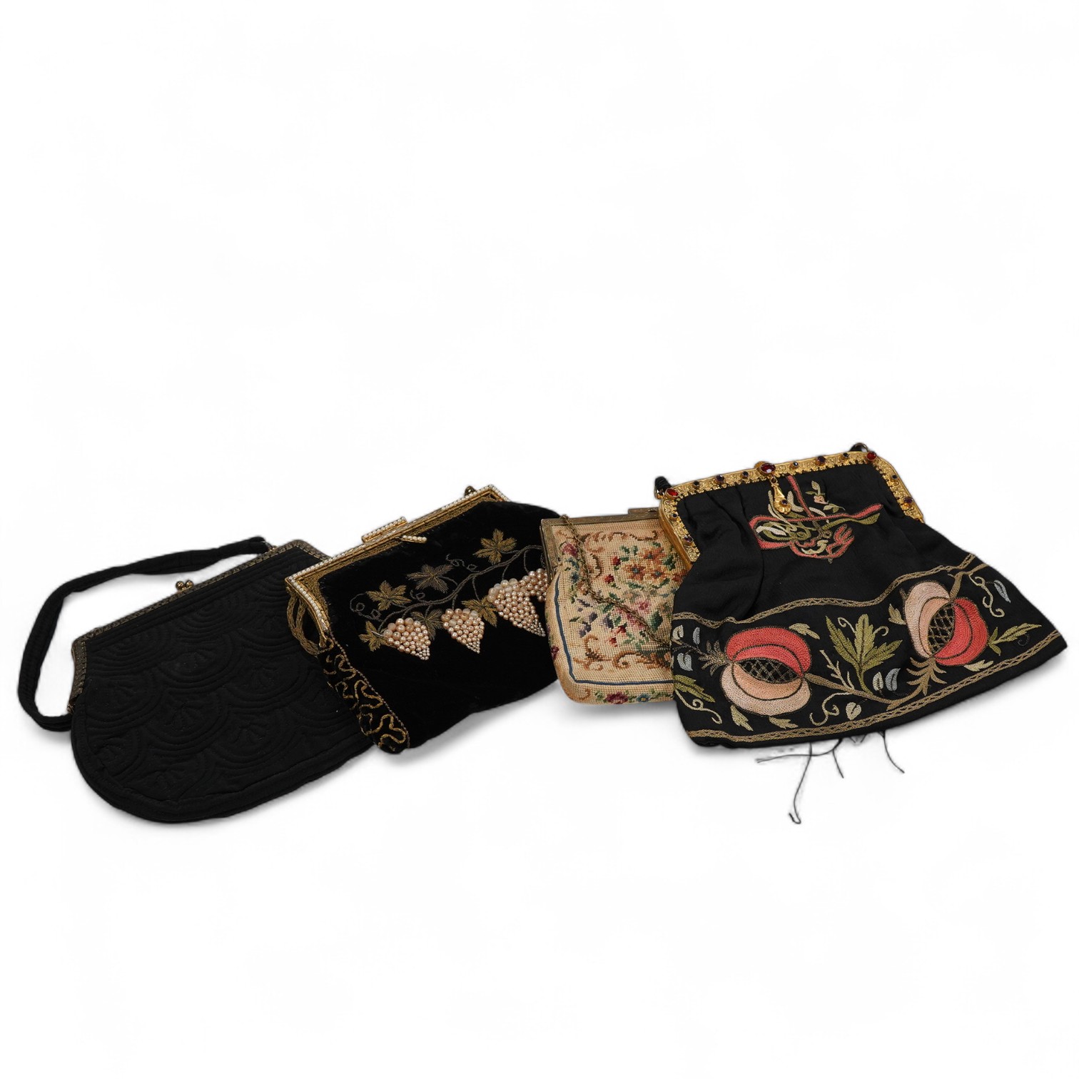 Four vintage embroidered evening bags, with embroidered Arabic calligraphy and purses together with a pair of baby shoes